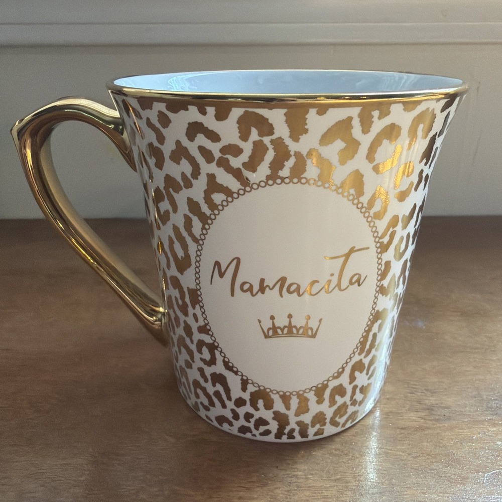 10 Strawberry Street Leopard Coffee Mug Cup Mamacita Gold White Ceramic
